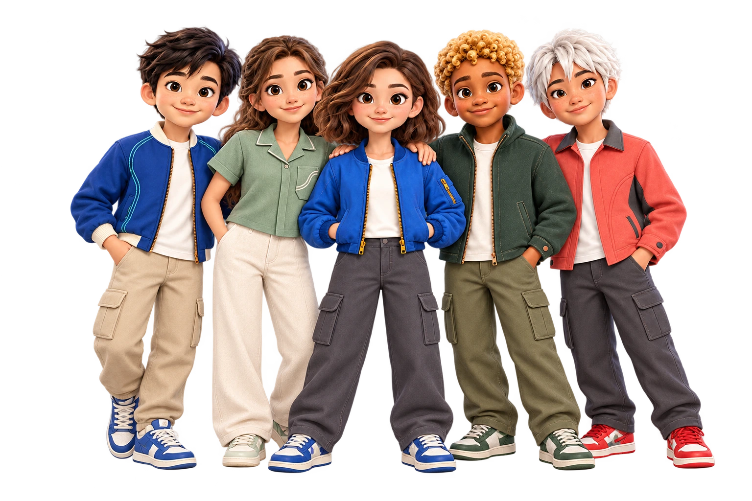 All five UP Run characters standing together: Kai, Aria, City Runner, Leo and Ren